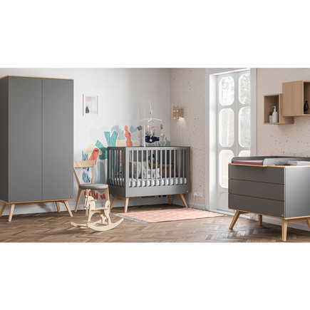 Chambre TRIO lit 60x120 commode armoire NATURE Gris VOX