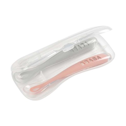 Lot de 2 cuillères 1er âge silicone avec boîte de transport Rose BEABA,  Vente en ligne de Accessoires repas bébé