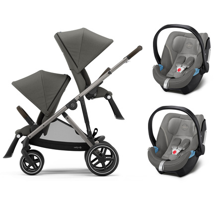Poussette jumeaux Gazelle S Taupe + 2 ATON 5 Soho Grey CYBEX