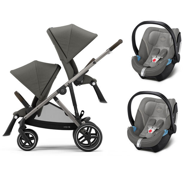 Poussette jumeaux Gazelle S Taupe + 2 ATON 5 Soho Grey CYBEX