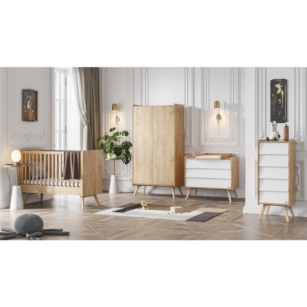 Chambre TRIO VINTAGE Lit 60x120 Commode Armoire Bois Blanc VOX