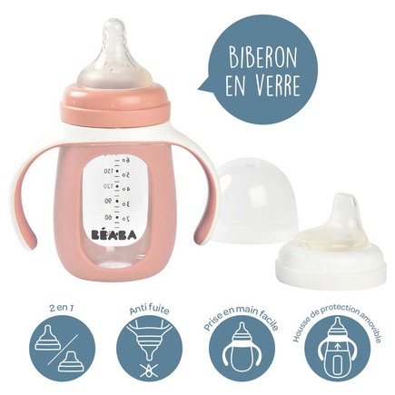 Biberon verre d'apprentissage 2en1 + housse silicone Old Pink