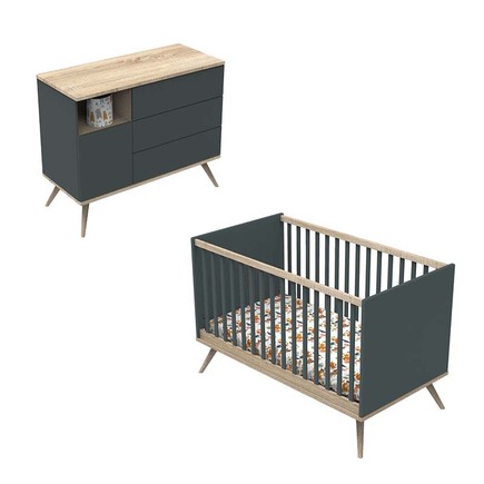 Chambre DUO Lit 70x140 Commode Boréale Gris Volcan SAUTHON ORIGINAL 