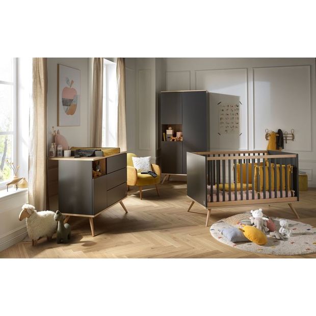 Chambre TRIO Lit 70x140 Commode Armoire Boréale Gris Volcan SAUTHON ORIGINAL 