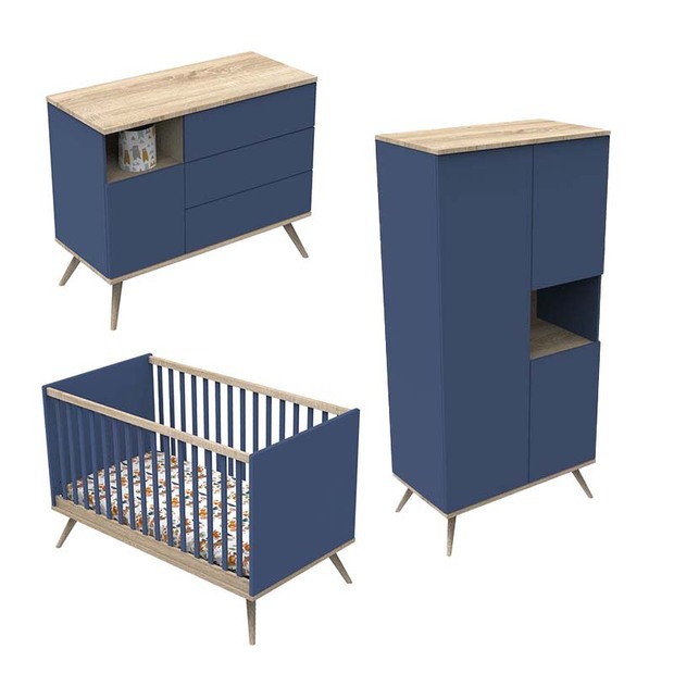 Chambre TRIO Lit 70x140 Commode Armoire Boréale Bleu Nuit SAUTHON ORIGINAL 