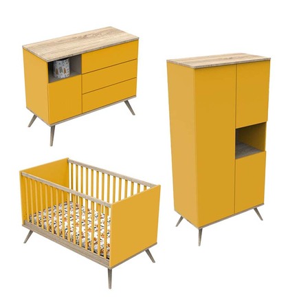 Chambre TRIO Lit 70x140 Commode Armoire Boréale Jaune Mimosa SAUTHON ORIGINAL 