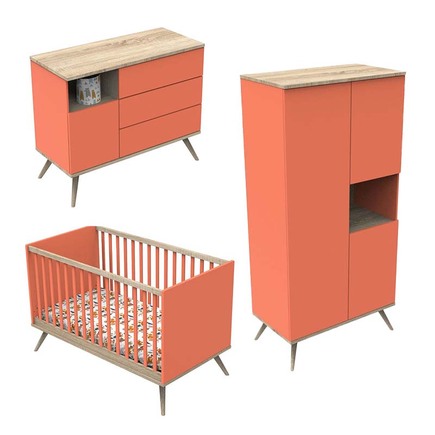 Chambre TRIO Lit 70x140 Commode Armoire Boréale Corail SAUTHON ORIGINAL 