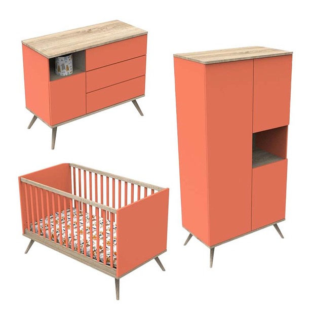 Chambre TRIO Lit 70x140 Commode Armoire Boréale Corail SAUTHON ORIGINAL 