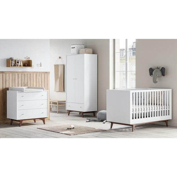 Chambre TRIO Lit 70x140 Commode Armoire MID Blanc/Noix VOX