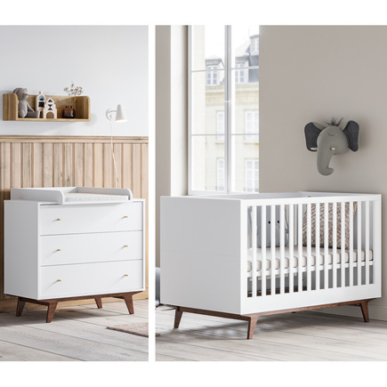 Chambre DUO Lit 70x140 Commode MID Blanc/Noix VOX