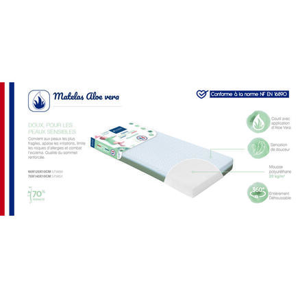 Matelas Aloé Vera Déhoussable 60x120x10 cm Blanc/Vert Olive CANDIDE - 4