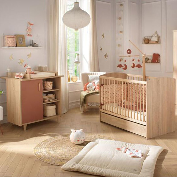 Chambre duo lit 120x60 commode Charlie Terracotta BEBE9 CREATION