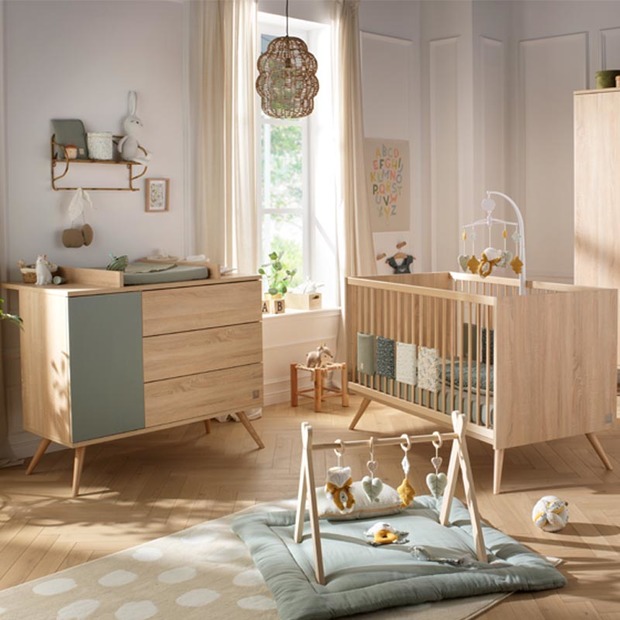 Chambre DUO Lit 140x70 Commode SEVENTIES Sauge + PAL OFFERT SAUTHON