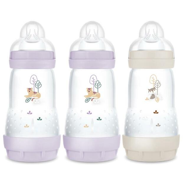 Lot de 3 biberons anti colique 260mL 2-12 mois Planet Love - Lilas MAM