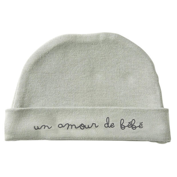 Bonnet doublé coton Un amour de bébé vert de gris naissance  BB&CO