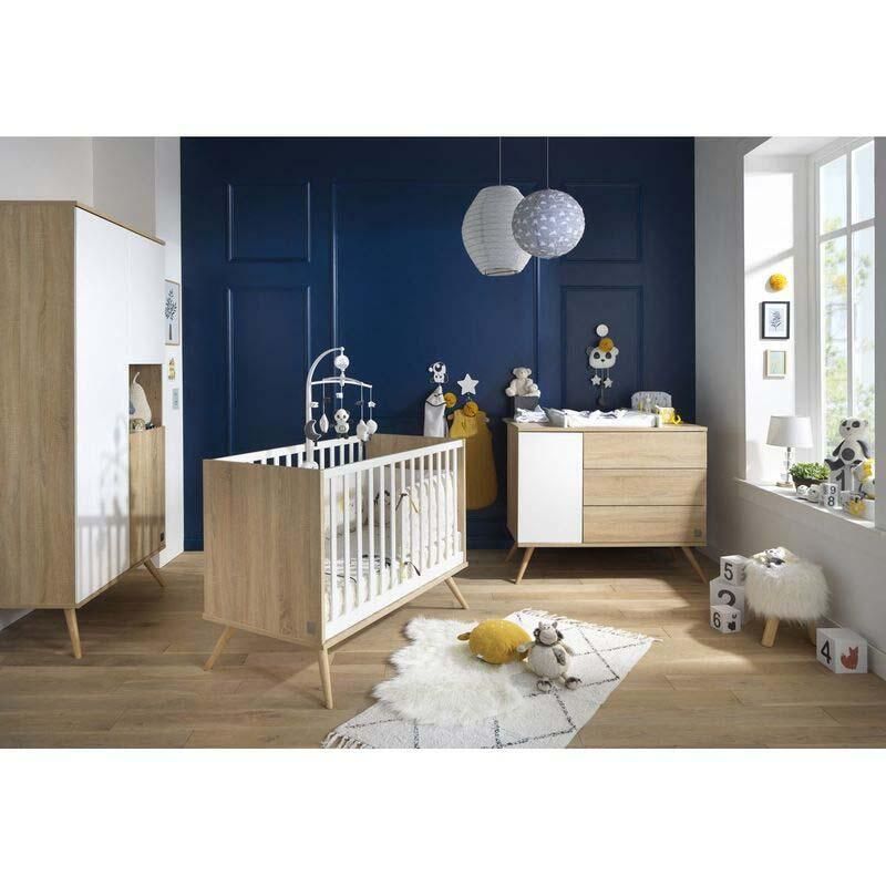 Chambre Trio Seventies Bois Blanc Lit bébé 60x120cm + Commode + Armoire - sauthon