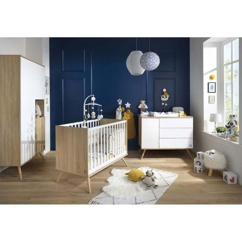 Chambre Trio Seventies Blanc Lit bébé 60x120cm + Commode + Armoire - sauthon
