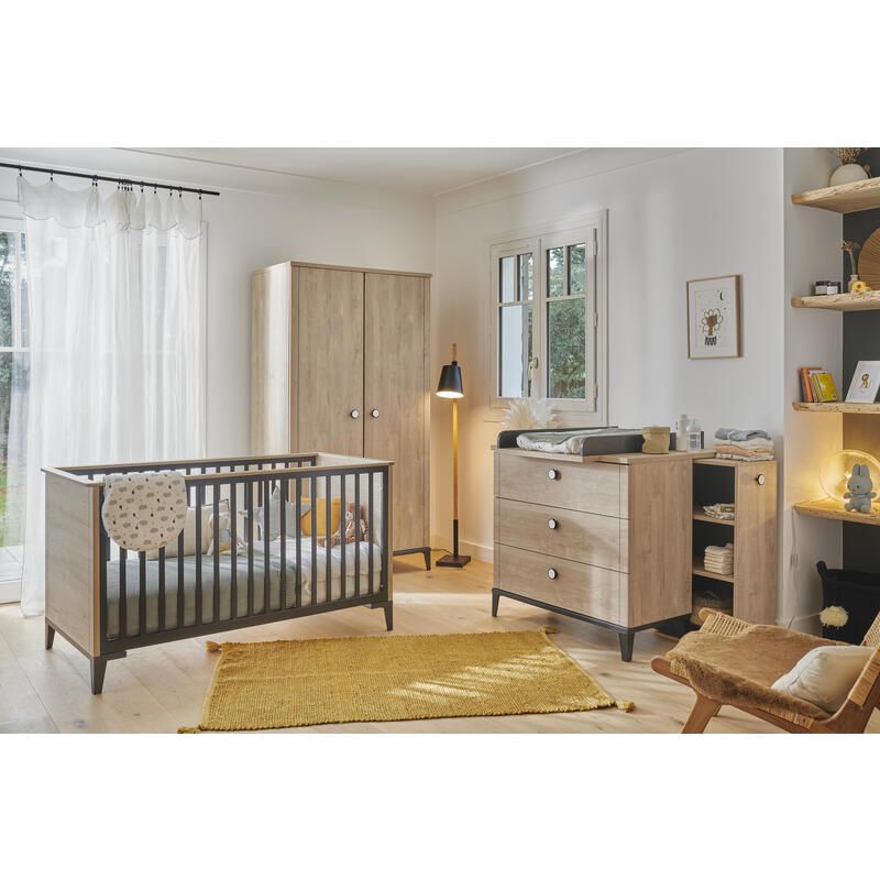 Chambre Trio Marcel Noir Lit bébé évolutif 70x140cm + Commode + Armoire - galipette