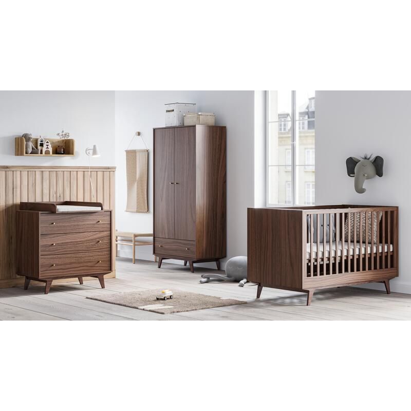 Chambre Trio Mid 2 Noix Lit bébé évolutif 70x140cm + Commode + Armoire - vox
