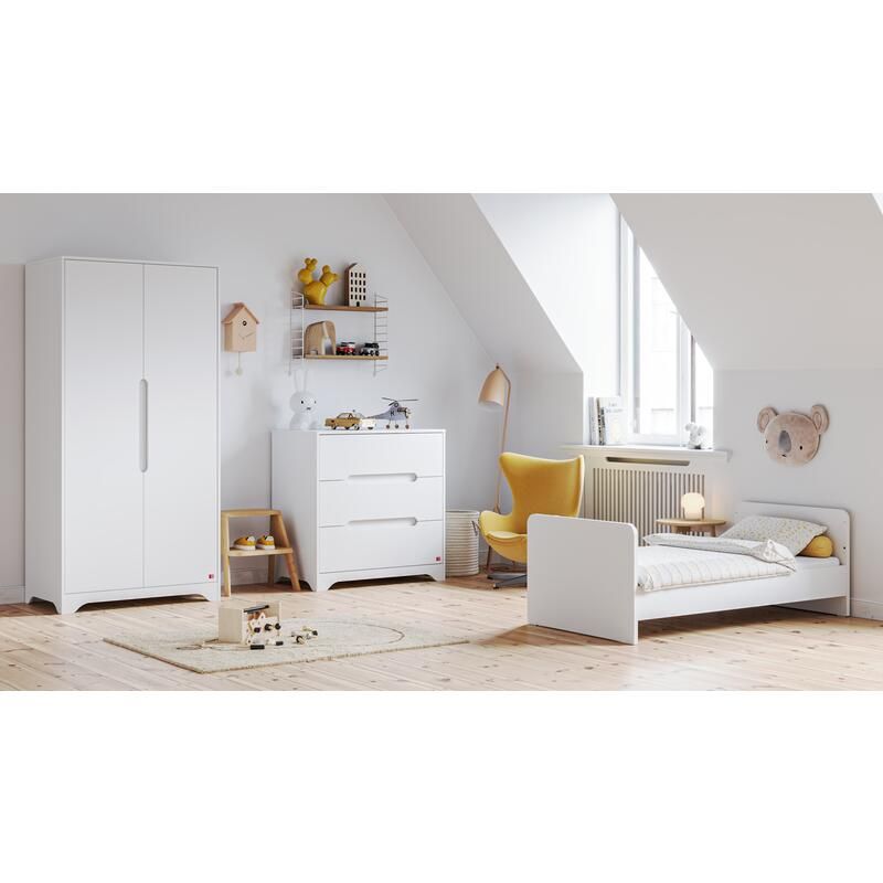 Chambre Trio Ova Blanc Lit bébé évolutif 70x140cm + Commode + Armoire - vox