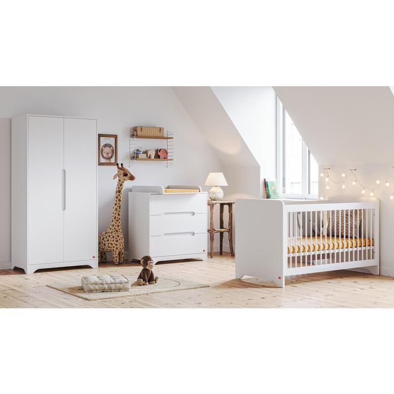 Chambre Trio Ova Blanc Lit bébé 60x120cm + Commode + Armoire - vox