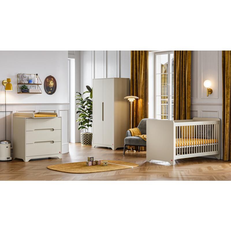 Chambre Trio Ova Gris Beige Lit bébé 60x120cm + Commode + Armoire - vox