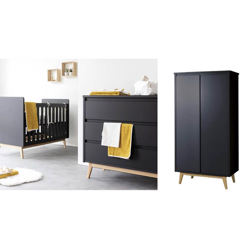 Chambre Trio Pure Noir Lit bébé 60x120cm + Commode + Armoire - pericles
