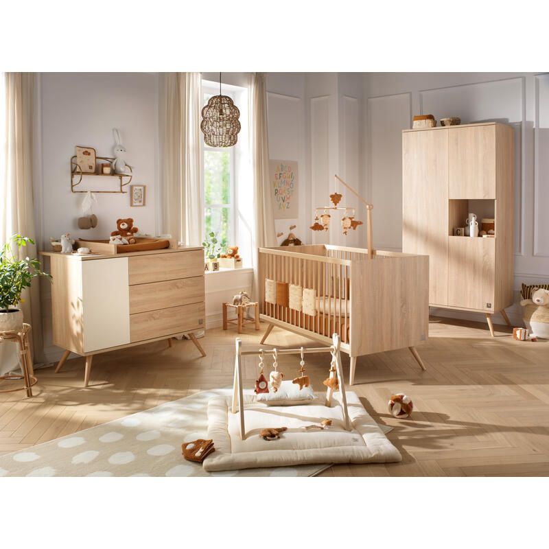 Chambre Trio Seventies Vanille Lit bébé évolutif 70x140cm + Commode + Armoire - sauthon