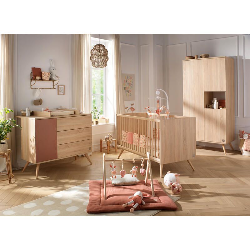 Chambre Trio Seventies Terracotta Lit bébé évolutif 70x140cm + Commode + Armoire - sauthon
