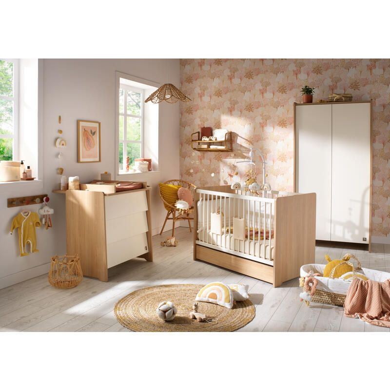 Chambre Trio Vanille Lit bébé 60x120cm + Commode + Armoire - sauthon