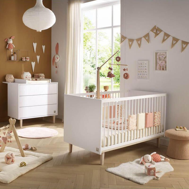 Chambre Duo Paloma Blanc Lit bébé évolutif 70x140cm + Commode - sauthon