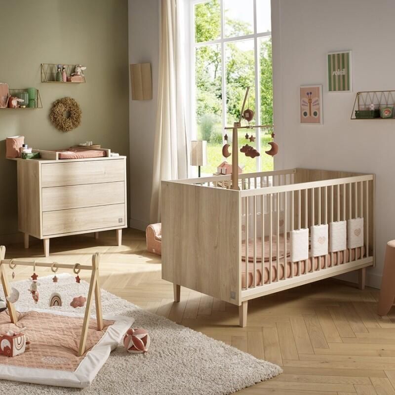 Chambre Duo Paloma Bois Lit bébé évolutif 70x140cm + Commode - sauthon