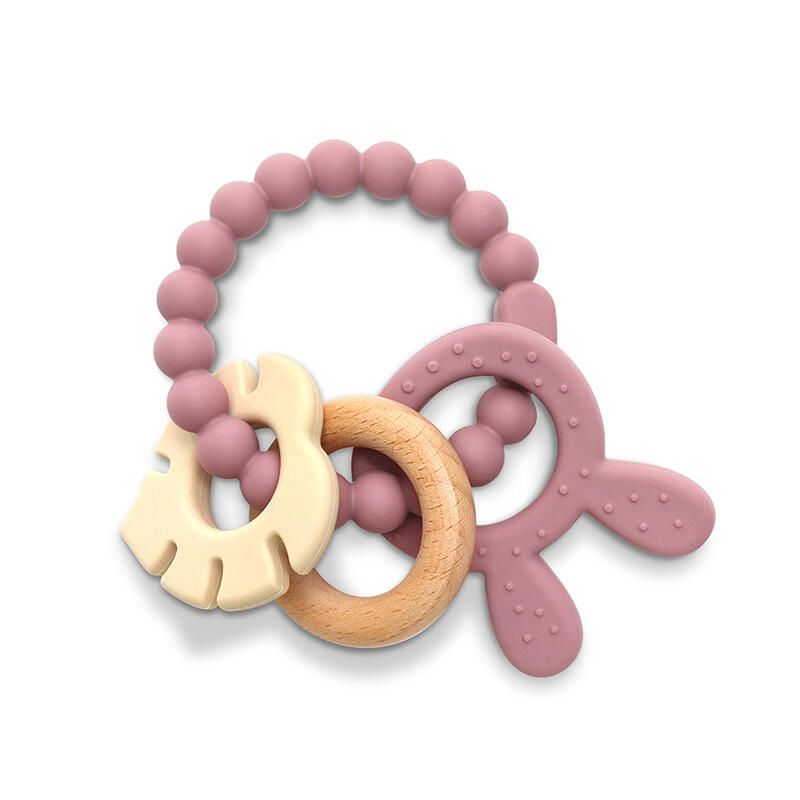Anneau De Dentition Silicone + Hetre+ Lapin Rose - lorelli
