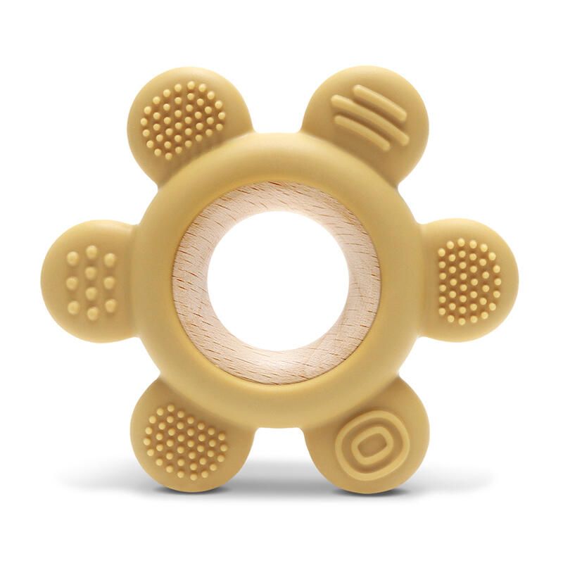 Anneau De Dentition Silicone Fleur + Hetre Jaune - lorelli