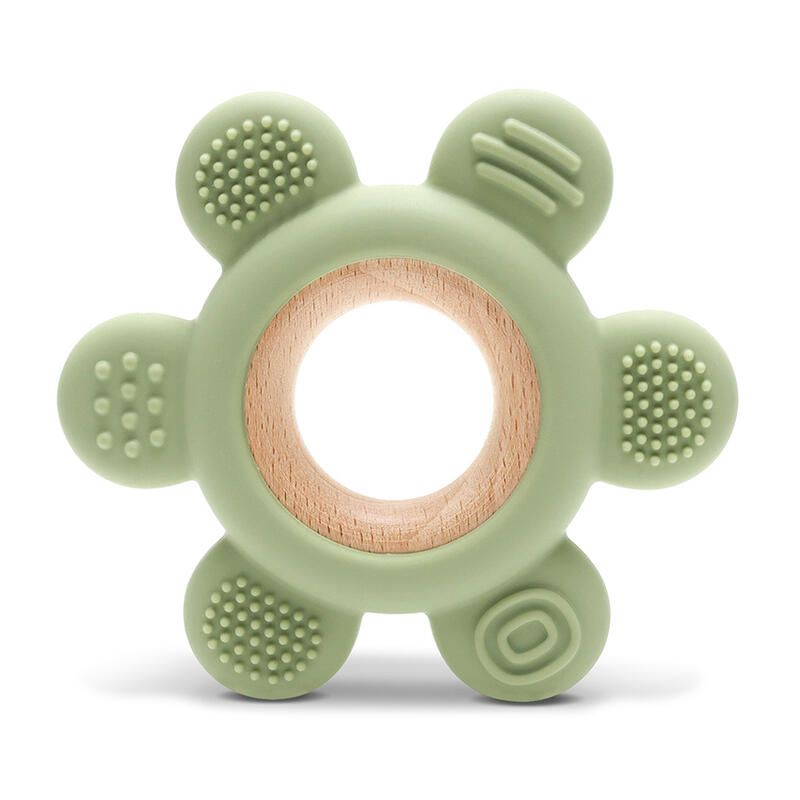 Anneau De Dentition Silicone Fleur + Hetre Vert - lorelli