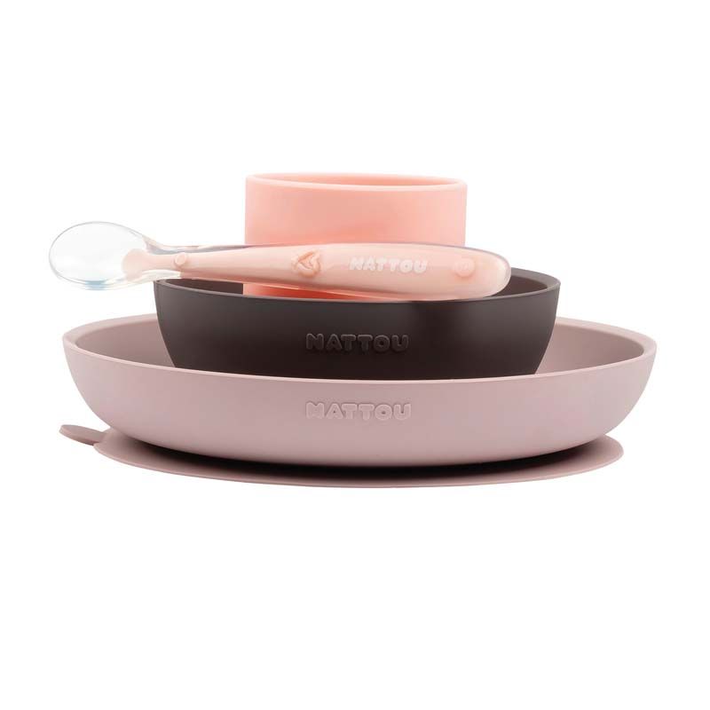Silicone Set Assiette Silicone+bol+verre+cuillere Rose, Gris, Rose Clair - nattou