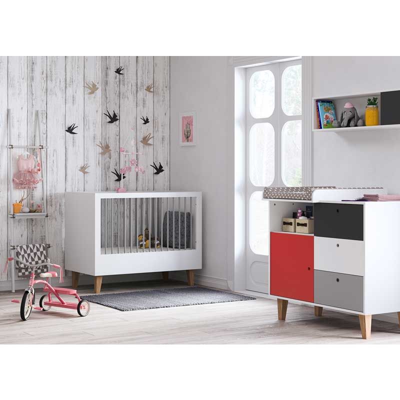 Chambre Duo Concept Rouge Lit bébé évolutif 70x140cm + Commode - vox