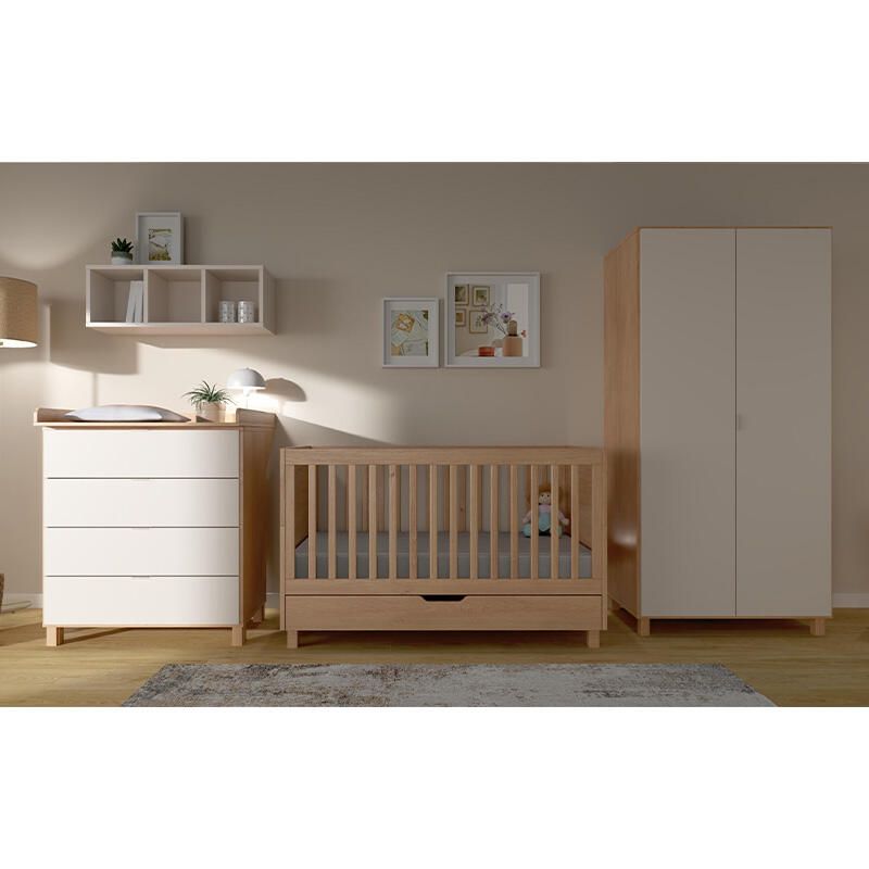 Chambre Trio Simple Chêne Sable Beige Lit bébé évolutif 70x140cm + Commode + Armoire - vox