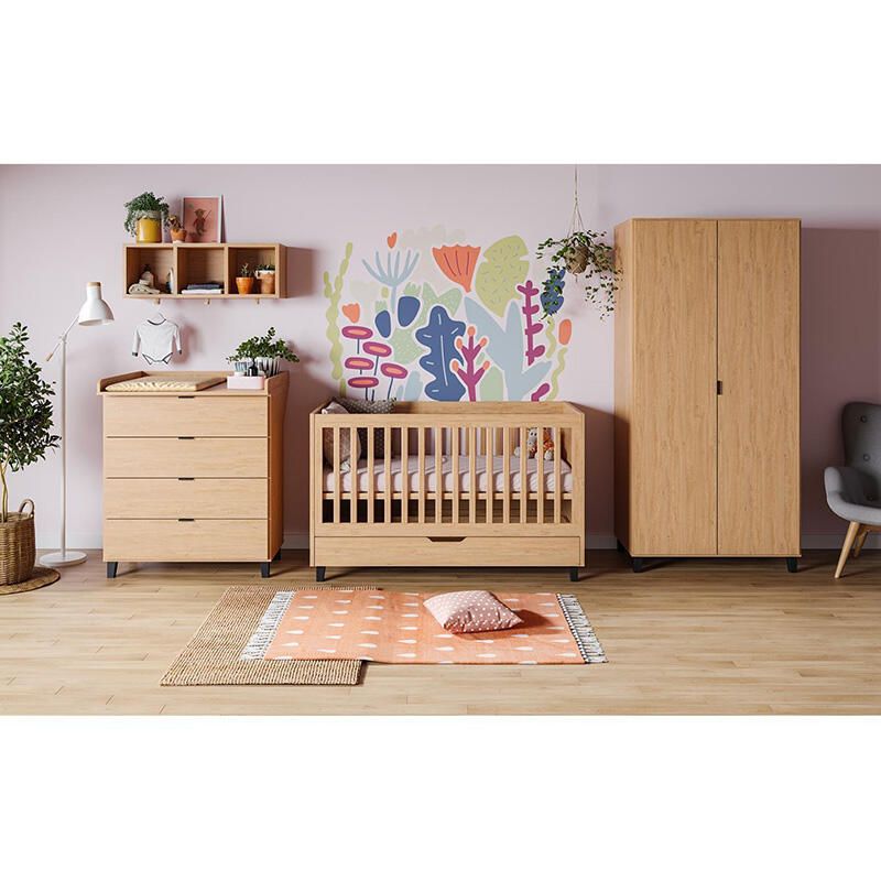 Chambre Trio Simple Chêne Lit bébé évolutif 70x140cm + Commode + Armoire - vox