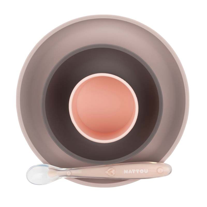 Silicone Set Assiette Silicone+bol+verre+cuillere Rose, Gris, Rose Clair - nattou