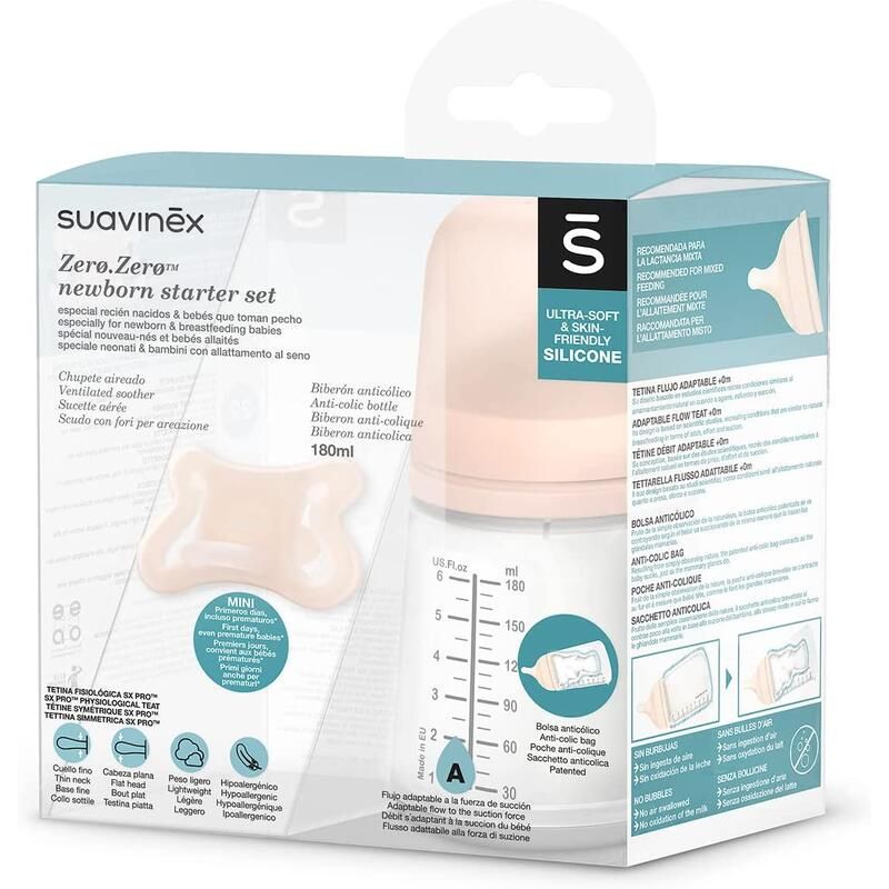 Set Biberon Et Sucette Zero Zero 180ml Blanc - suavinex