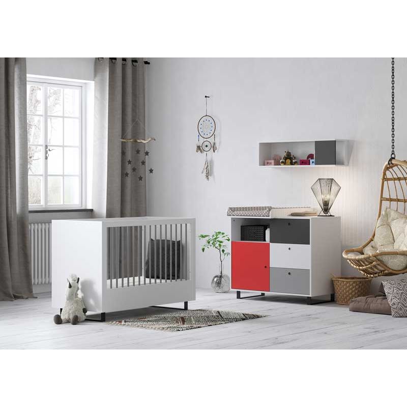 Chambre Duo Concept Rouge Lit bébé évolutif 70x140cm + Commode - vox