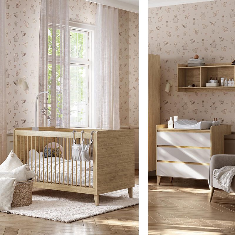 Chambre Duo Muve Chêne Sable Beige Lit bébé évolutif 70x140cm + Commode - vox