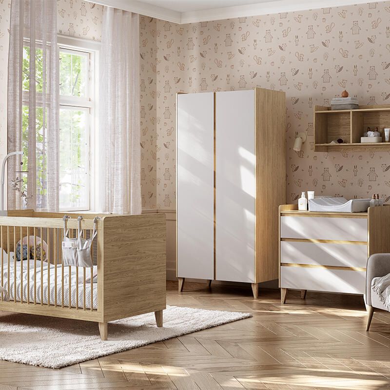 Chambre Trio Muve Chêne Sable Beige Lit bébé évolutif 70x140cm + Commode + Armoire - vox