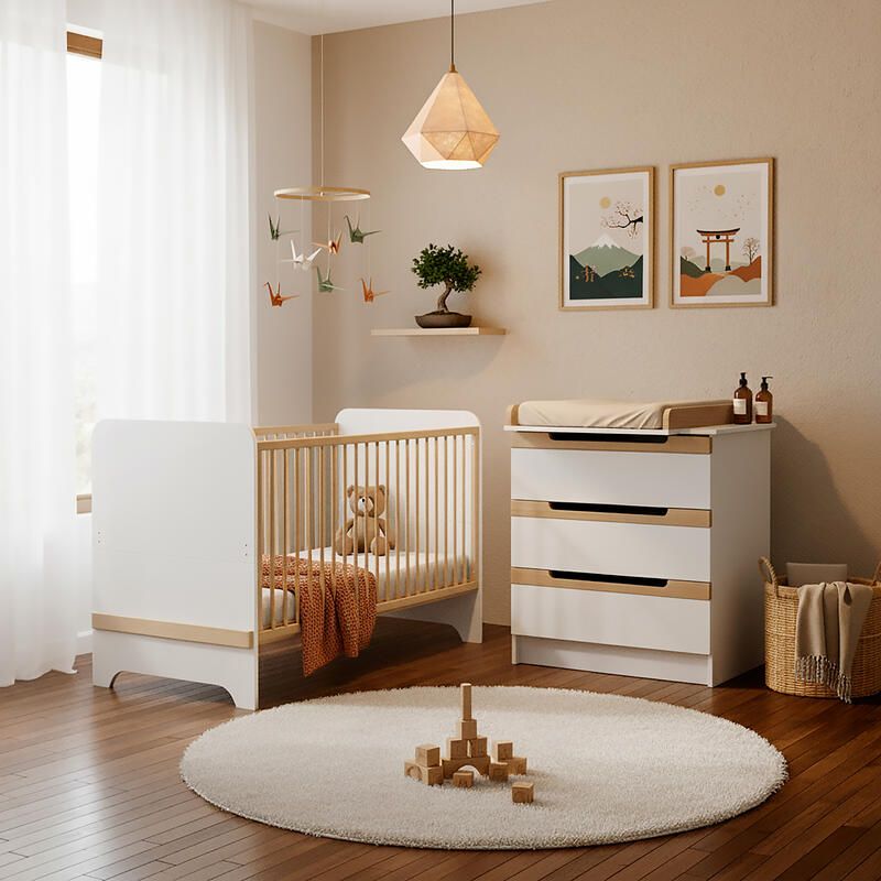 Chambre Duo Carrousel Lit bébé évolutif 70x140cm + Commode à langer - at4