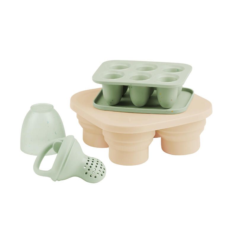 Set Contenants Silicone + Grignoteuse Vert et Beige - babymoov