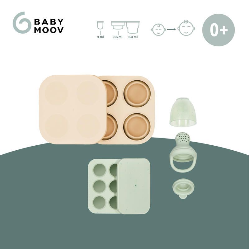 Set Contenants Silicone + Grignoteuse Vert et Beige - babymoov