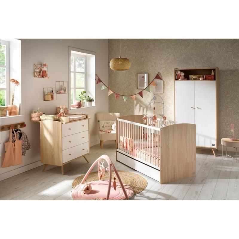 Chambre Trio Access Bois Blanc Lit bébé évolutif 70x140cm + Commode + Armoire - sauthon