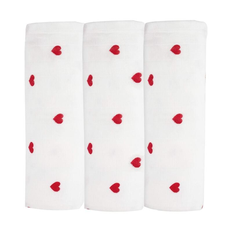Lot de 3 langes 70x70cm -  Coeur Rouge - trois kilos sept
