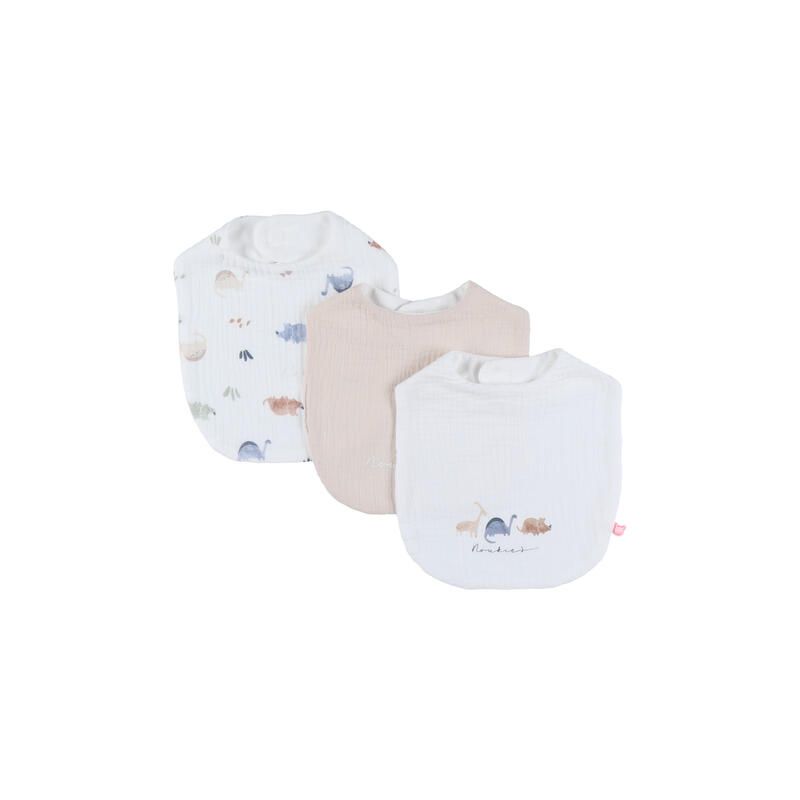 Lot de 3 bavoirs mousseline bio M&M Dinos 2026 Beige Blanc Bleu - noukie 's